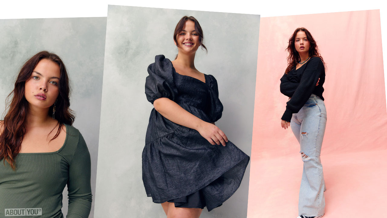 anusha-reinecke-curvy-model-curved-about-you-job-ecommcerce-webshop-shooting-pink-background-jeans-blue-dress-green-dress-thumbnail-collage