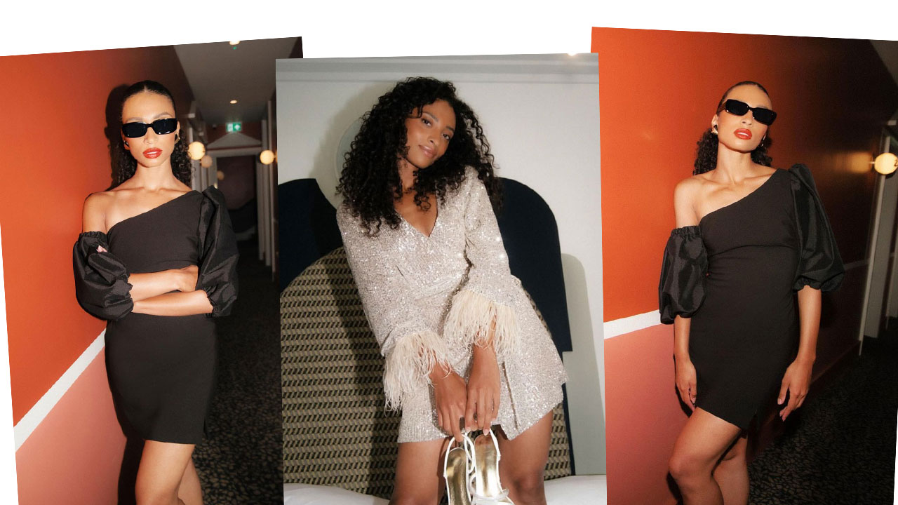 blogpost-likely-nyc-red-wall-model-photoshoot-brand-london-uk-curly-brown-hair-black-dress-sunglasses-white-dress-feathers-party-outfit