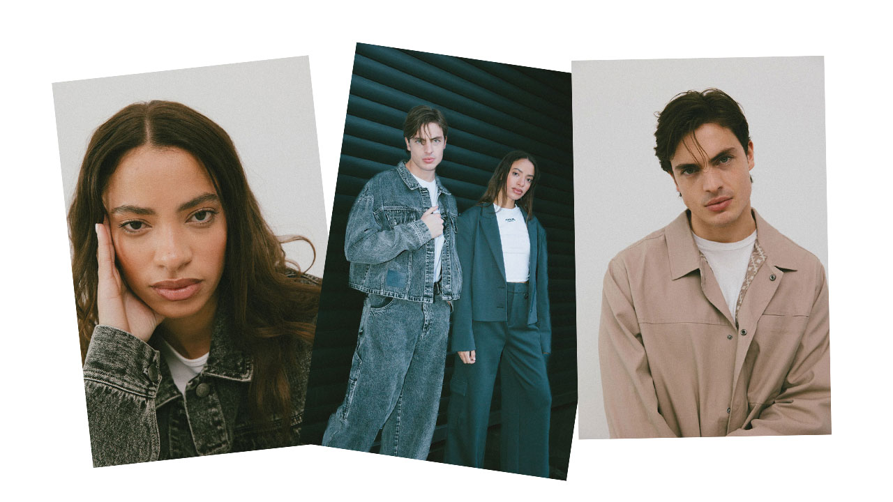 Apollon & Rachelle harmonize for Karo Kauer Label karo-kauer-label-job-duesseldorf-shooting-sand-beige-colours-models-male-female-model-jeans-studio-shoot-ecommerce